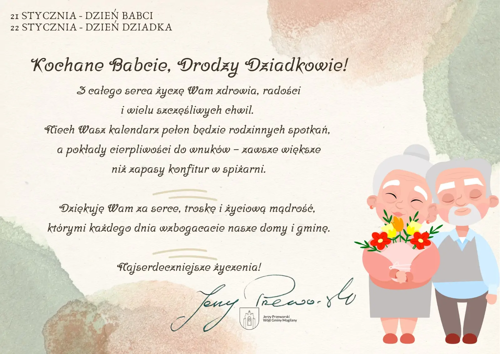 Życzenia Wójta Gminy Mogilany z okazji Dnia Babci i Dnia Dziadka